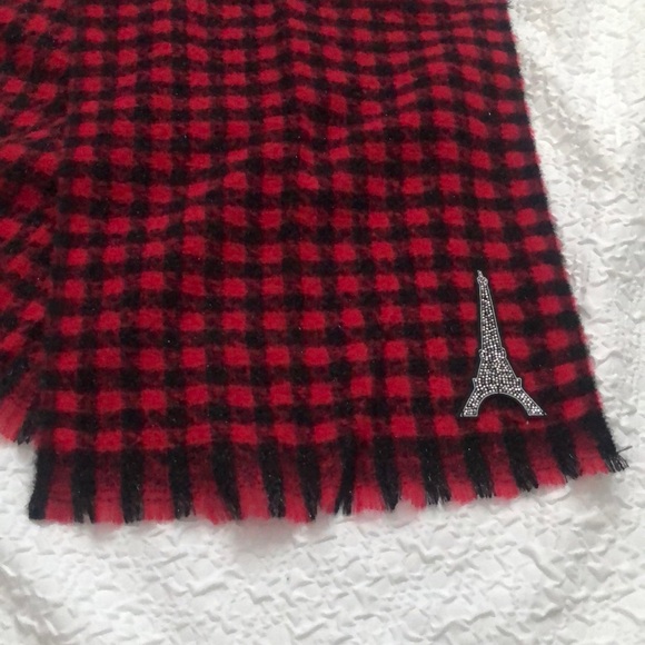 Karl Lagerfeld Crimson & Black Plaid Rectangular Scarf Eiffel Tower Patch NWT - Picture 6 of 16